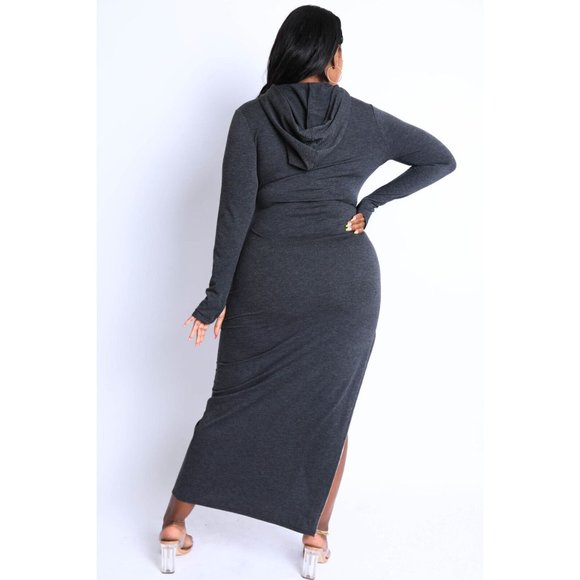 Women's Comfy Terry Hooded Maxi Dress With Side Slit Zipper Plus Size Curve - Picture 7 of 12